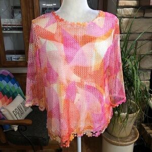 ALFRED DUNNER SIZE XLARGE MESH ABSTRACT LINED 3/4 SLEEVE TOP VIBRANT.